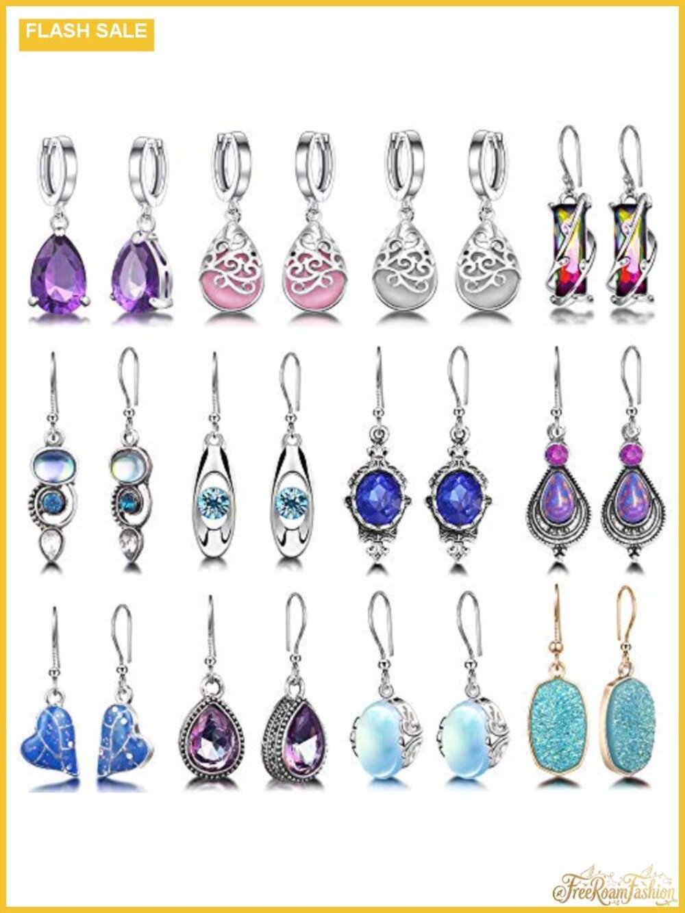 12 Pairs Teardrop Crystal Dangle Hoop Earrings Set Cubic Zirconia Boho Jewelry